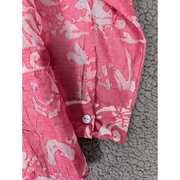 Chicos Top Pink Floral Button Drawstring Collared Long Sleeve Linen Blend Sz M - Picture 7 of 11